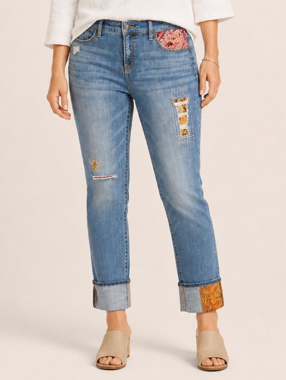 ❤️ CHICO'S PATCHWORK SO SLIMMING GIRLFRIEND SLIM LEG ANKLE JEANS, 10 (30)